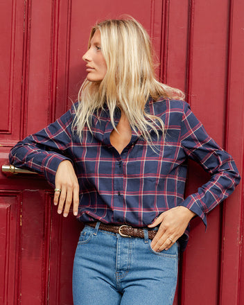 Load image into Gallery viewer, Victor navy flannel red checks